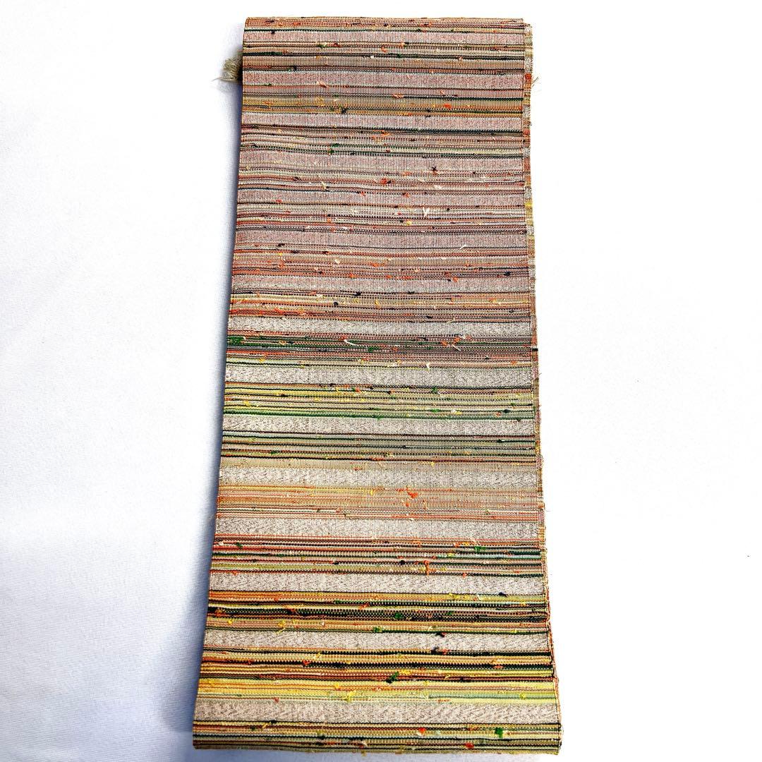 半幅帯　単衣帯　横縞　カラフル　紬　銀糸　着物　124tz