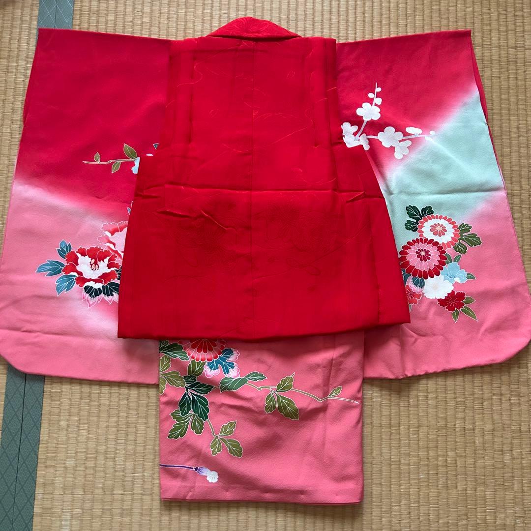 七五三 3歳 着物 被布 絹 三歳 赤 ピンク 753 子供着物