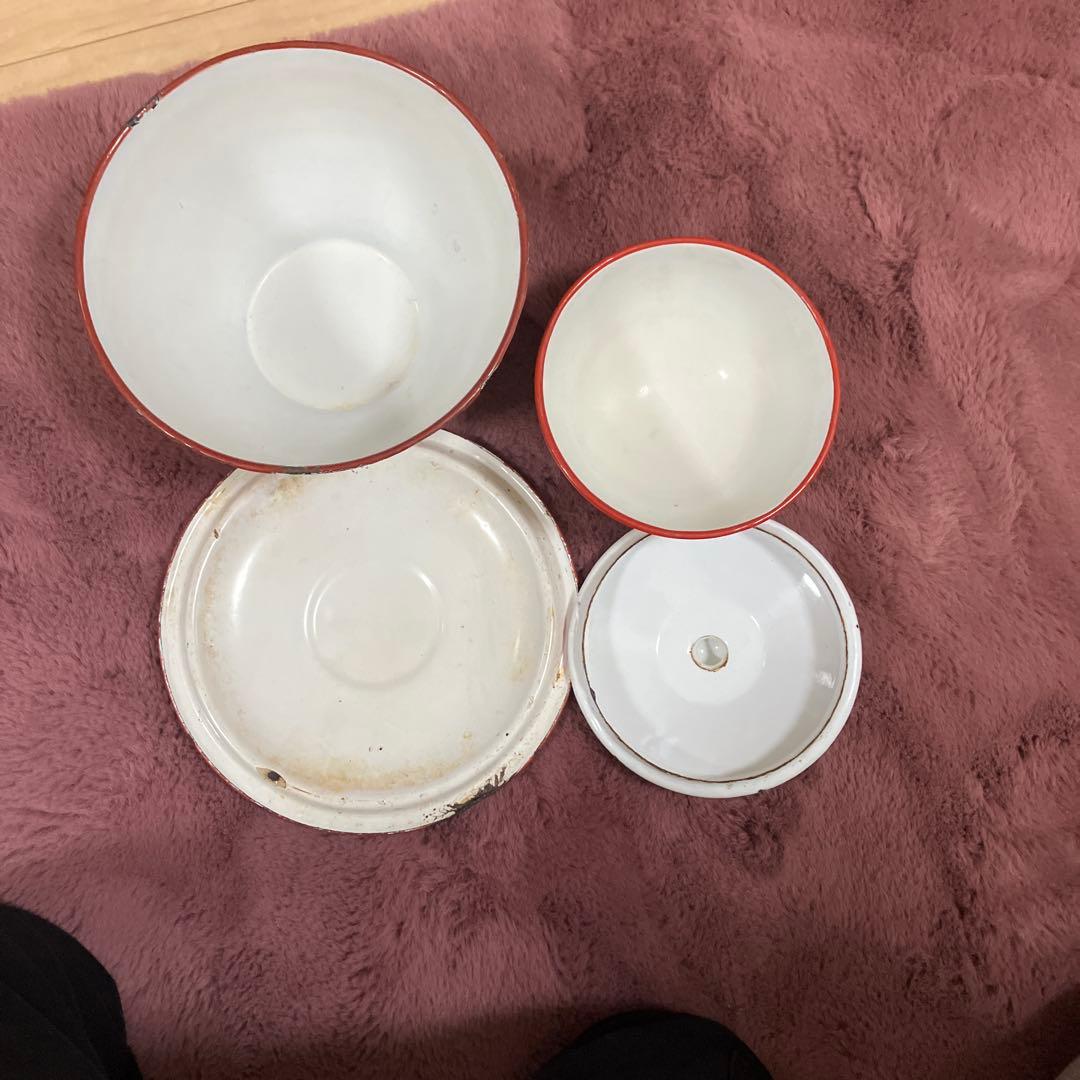 花柄ボウルセット 蓋付き 大中　ホーロー　アンティーク　ビンテージ