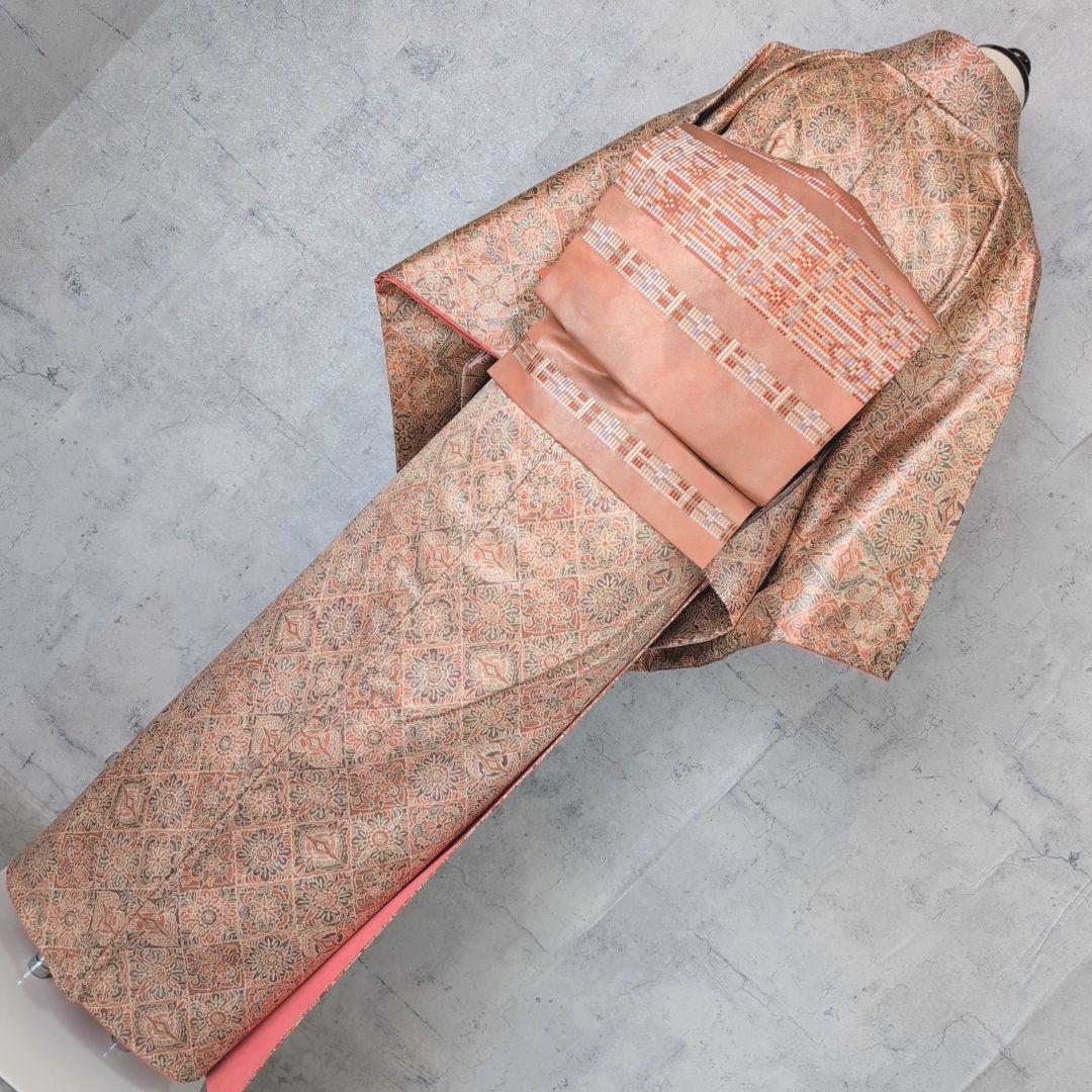 小紋　フルセット　着物　赤橙　オリエンタル　花　O5