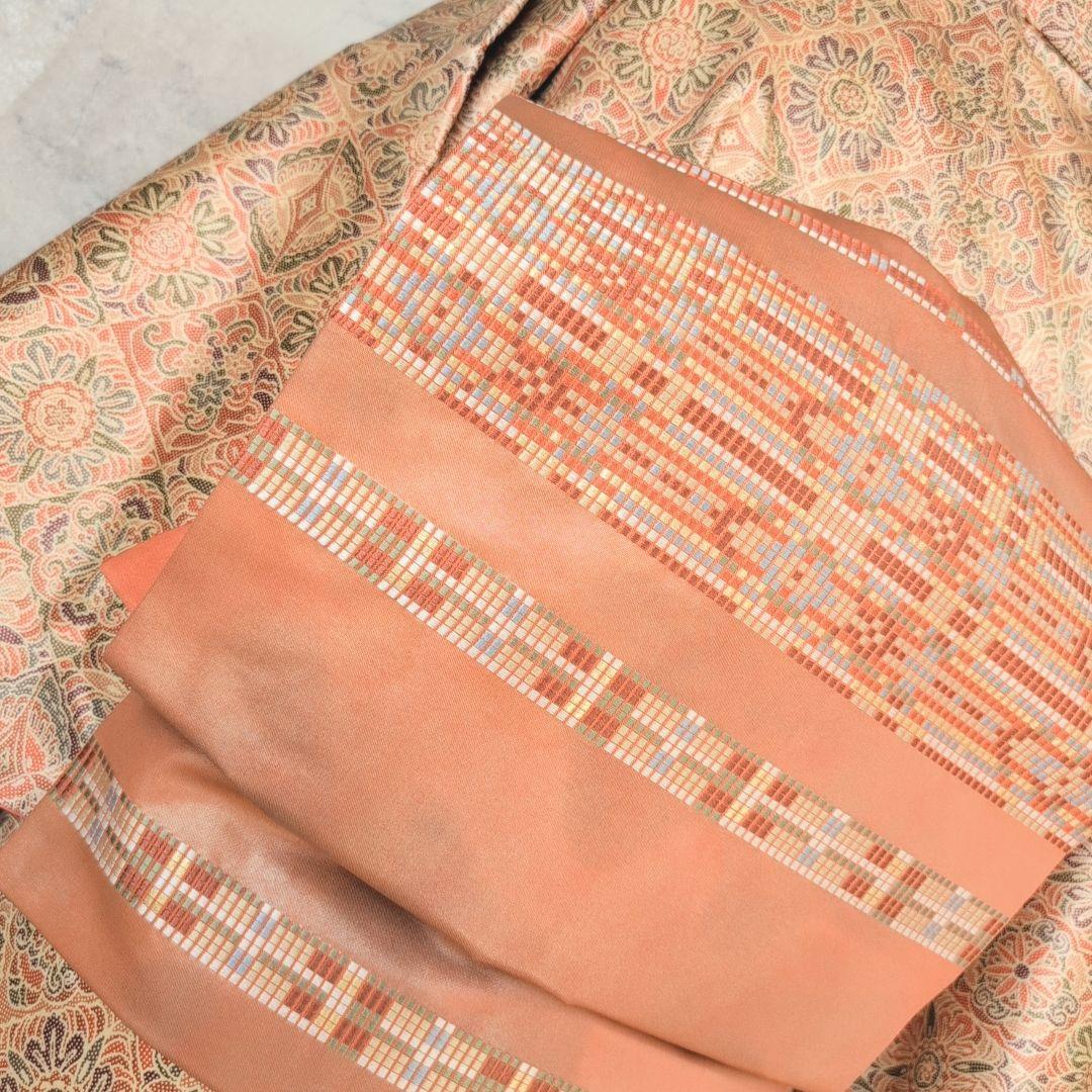 小紋　フルセット　着物　赤橙　オリエンタル　花　O5