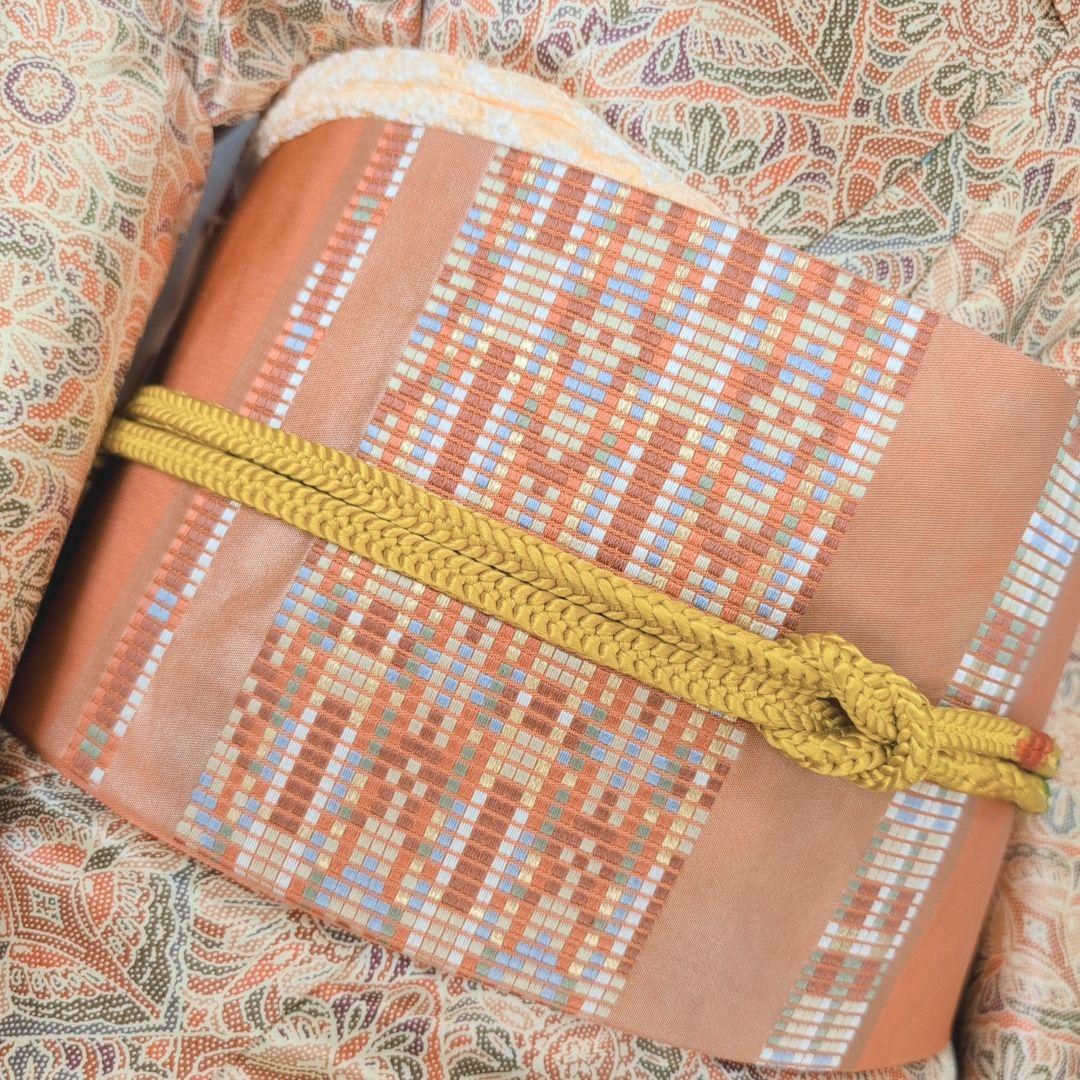 小紋　フルセット　着物　赤橙　オリエンタル　花　O5