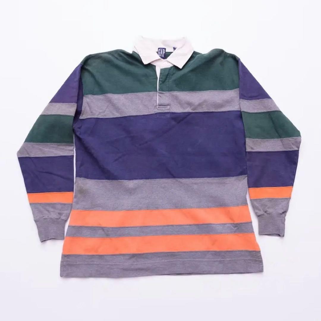90s オールド GAP ラガーシャツ ボーダー マルチカラー 紺 古着 XL