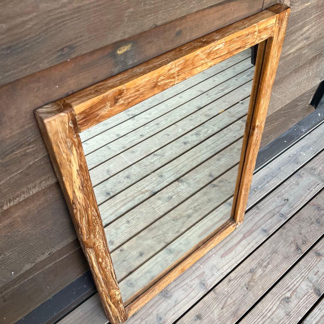 一点物 オールドチーク材の壁掛け鏡 80cm × 60cm 木製フレーム 無垢材