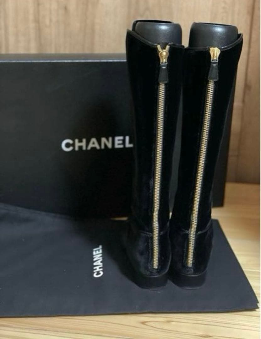 専用◇CHANELシャネルロングブーツベルベットベロアレザーCCロゴ黒本革37