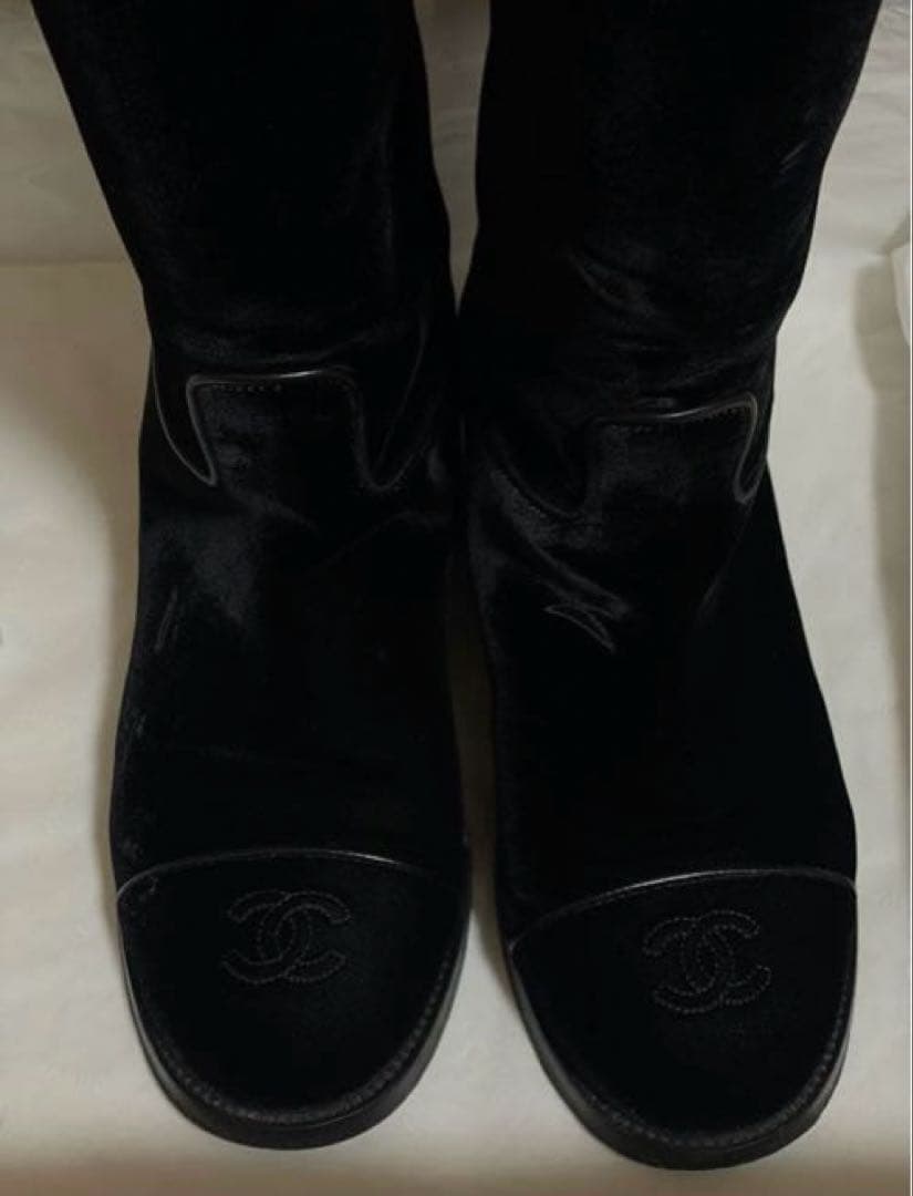 専用◇CHANELシャネルロングブーツベルベットベロアレザーCCロゴ黒本革37
