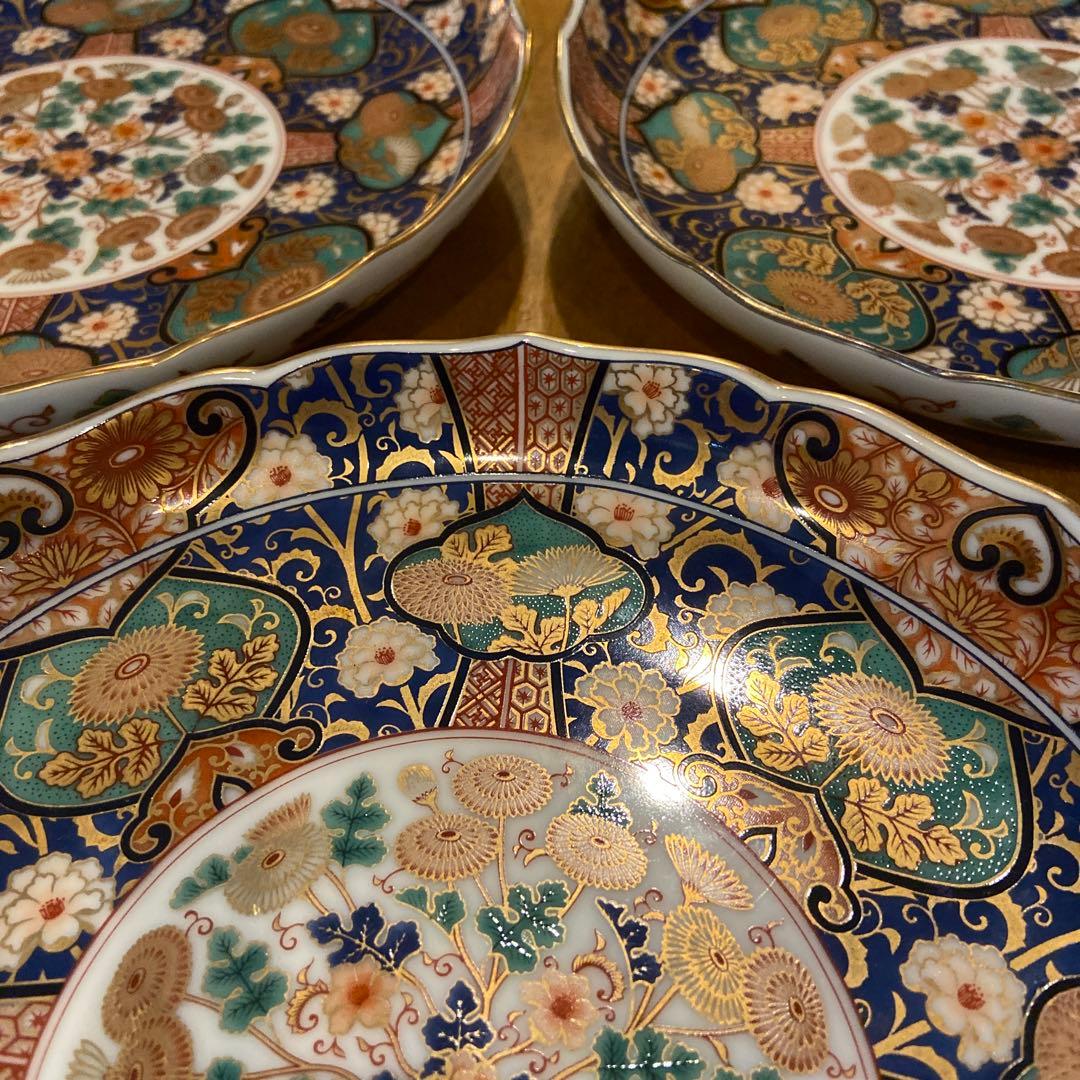 陣山窯　金襴手　金彩菊紋　和皿揃　5枚　中皿　古伊万里　色絵