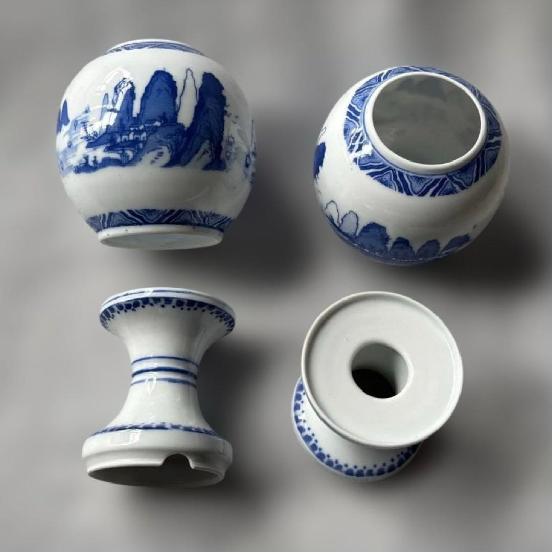 中国美術 内絵 飾り壺 2客セット 台座付 ぼんぼり風　染付 磁器 布貼箱