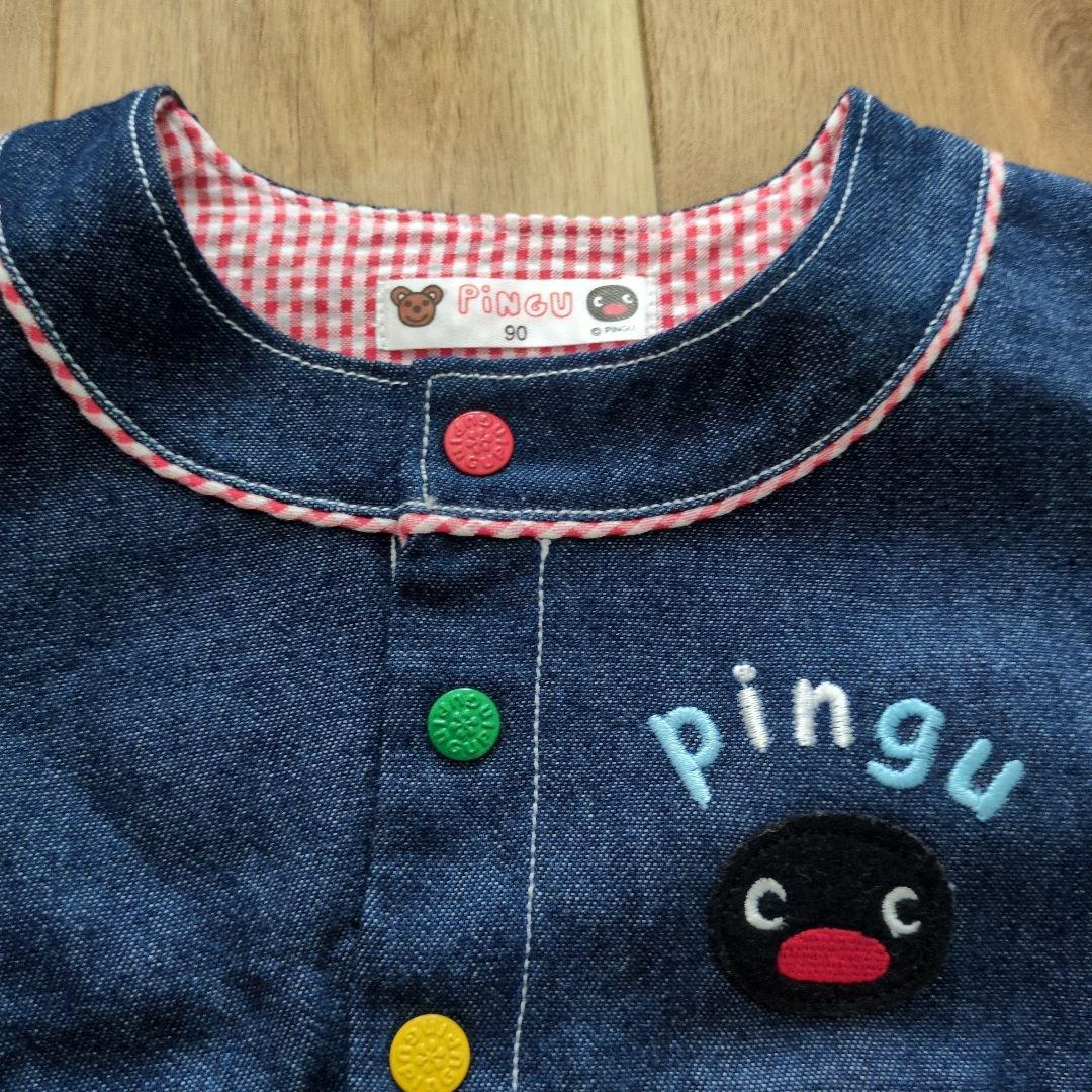 90サイズ　ピングー　フード付Ｔシャツ・デニムカバーオールセット　PINGU
