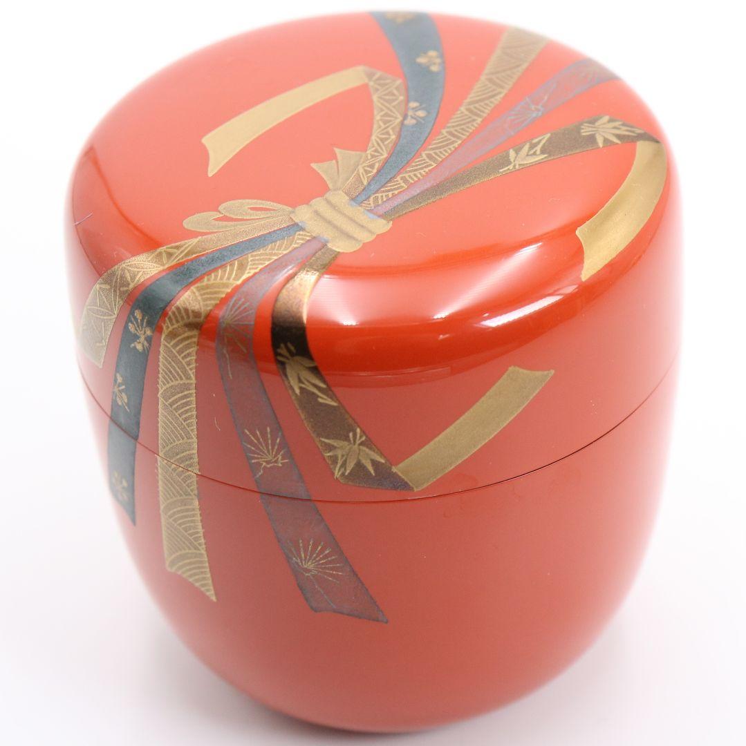 池端治峰作 朱塗 のし(熨斗)蒔絵 中棗 茶道具 共箱　V922　N7