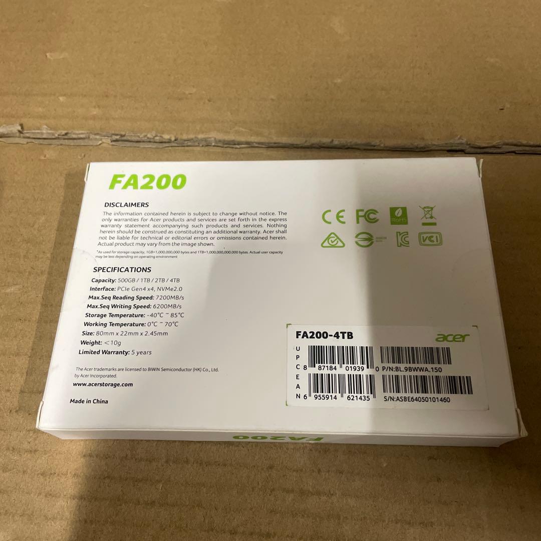 4TB Acer M.2 SSD FA200 PCIe Gen4×4