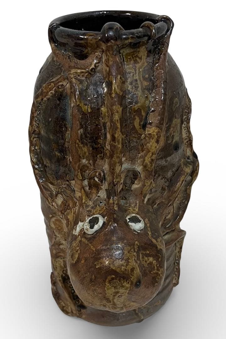 稀少珍品☆蛸彫刻付き 古い花瓶 陶器焼物 作家在銘 詳細不明 約30cm