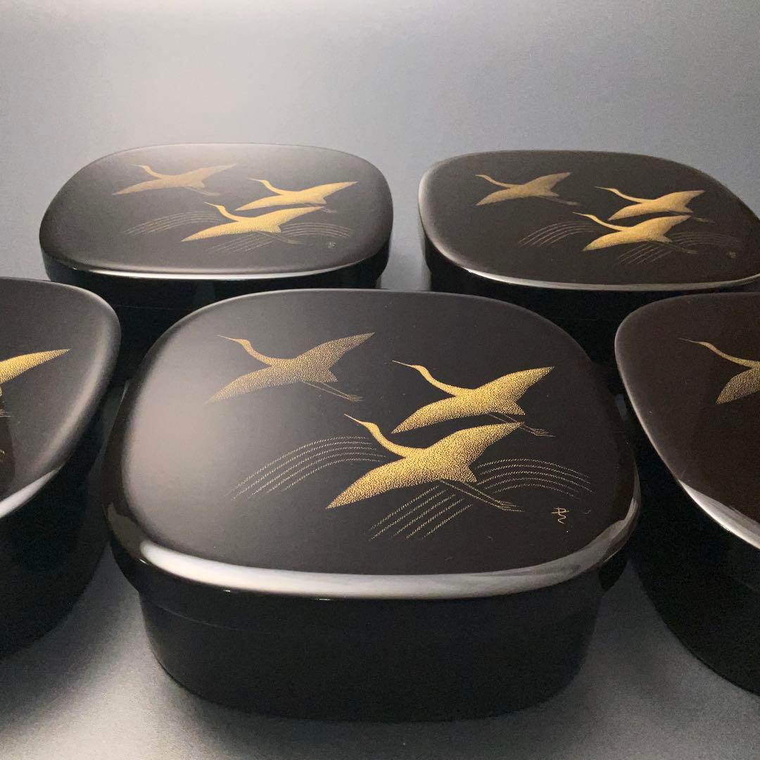 輪島　漆塗　千羽鶴沈金　弁当箱５組　三谷吾一　共箱　仕切り付き　R1325ル