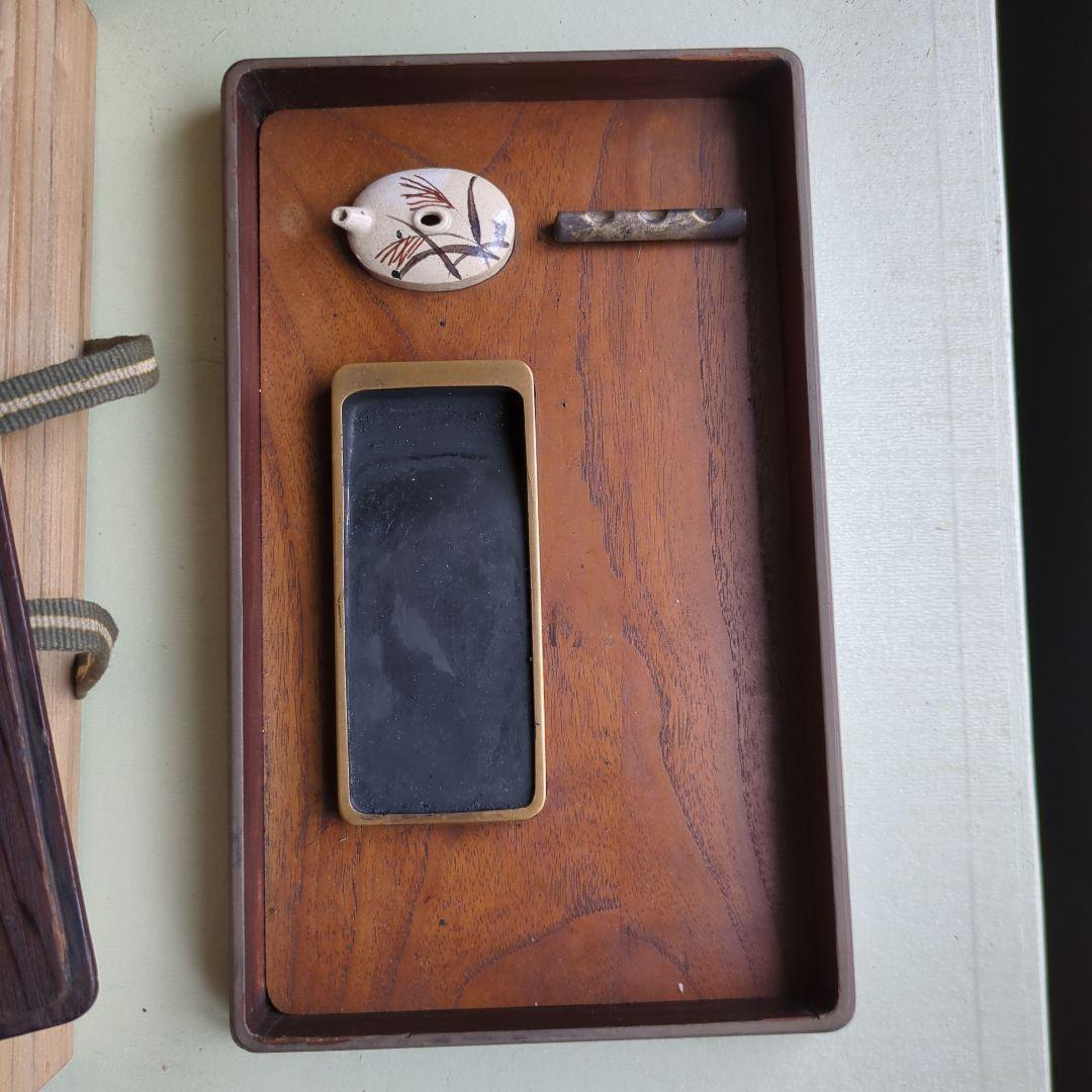 硯箱 桐の花 すすき 蒔絵 螺鈿 陶器 木製 桐 硯、水滴 筆置付 木箱 書