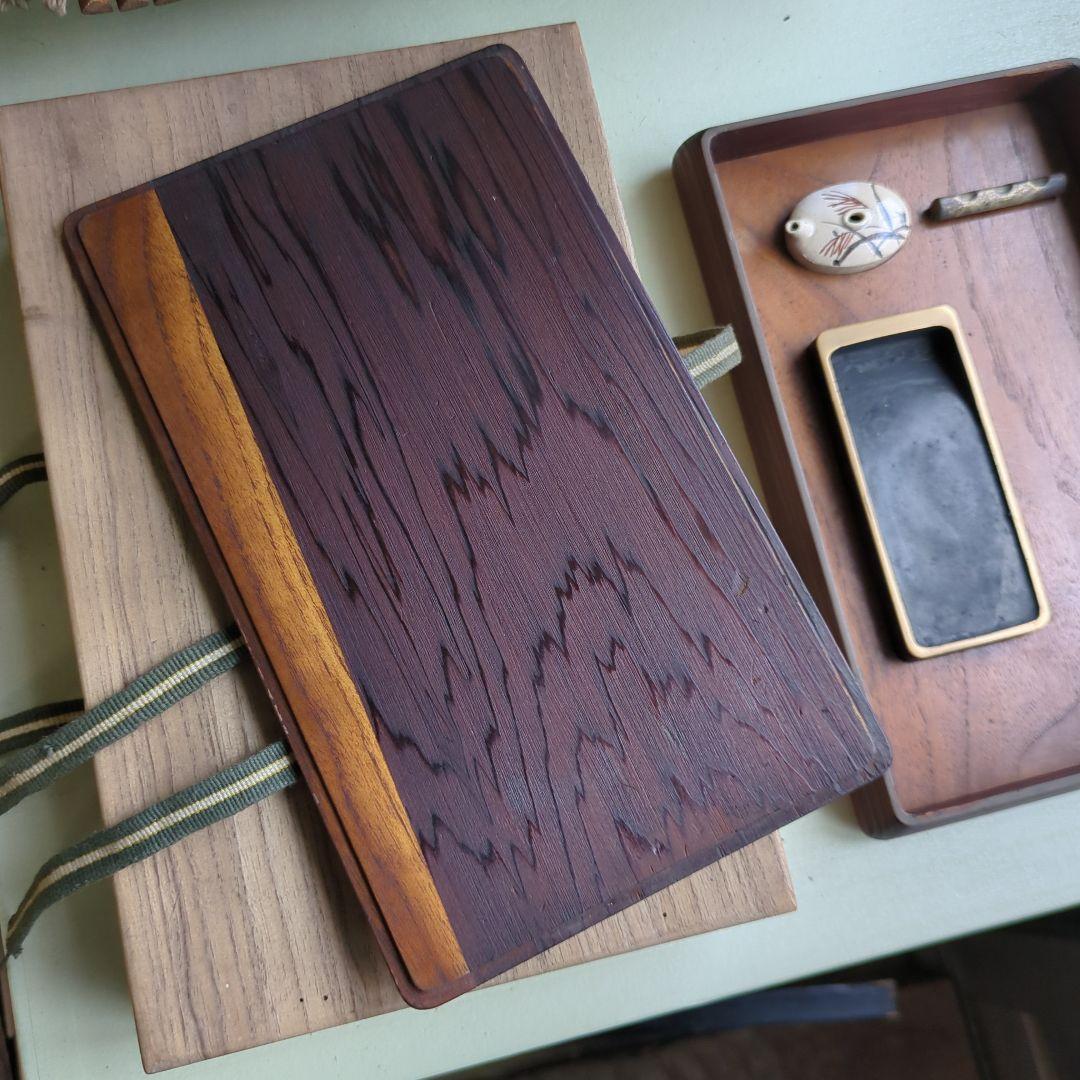 硯箱 桐の花 すすき 蒔絵 螺鈿 陶器 木製 桐 硯、水滴 筆置付 木箱 書