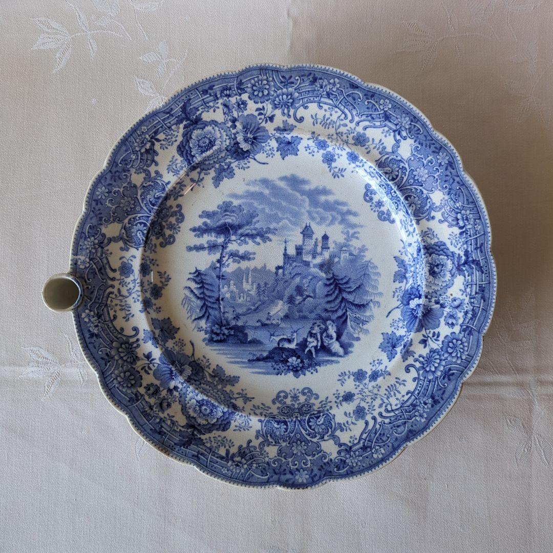 イギリスアンティーク 保温プレート ブルー＆ホワイト 19世紀