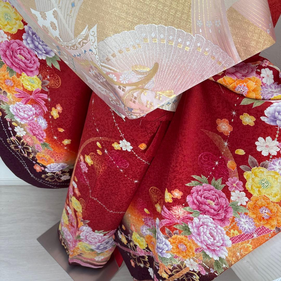 未使用に近い　正絹振袖フルセット　刺繍　金彩　銀通し　ラメオレンジ　牡丹　成人式