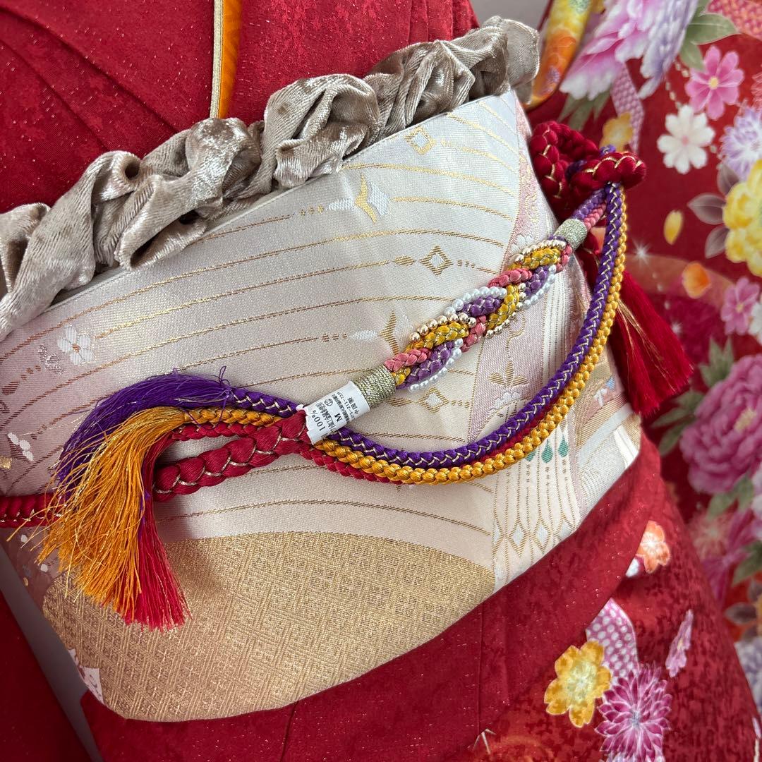 未使用に近い　正絹振袖フルセット　刺繍　金彩　銀通し　ラメオレンジ　牡丹　成人式