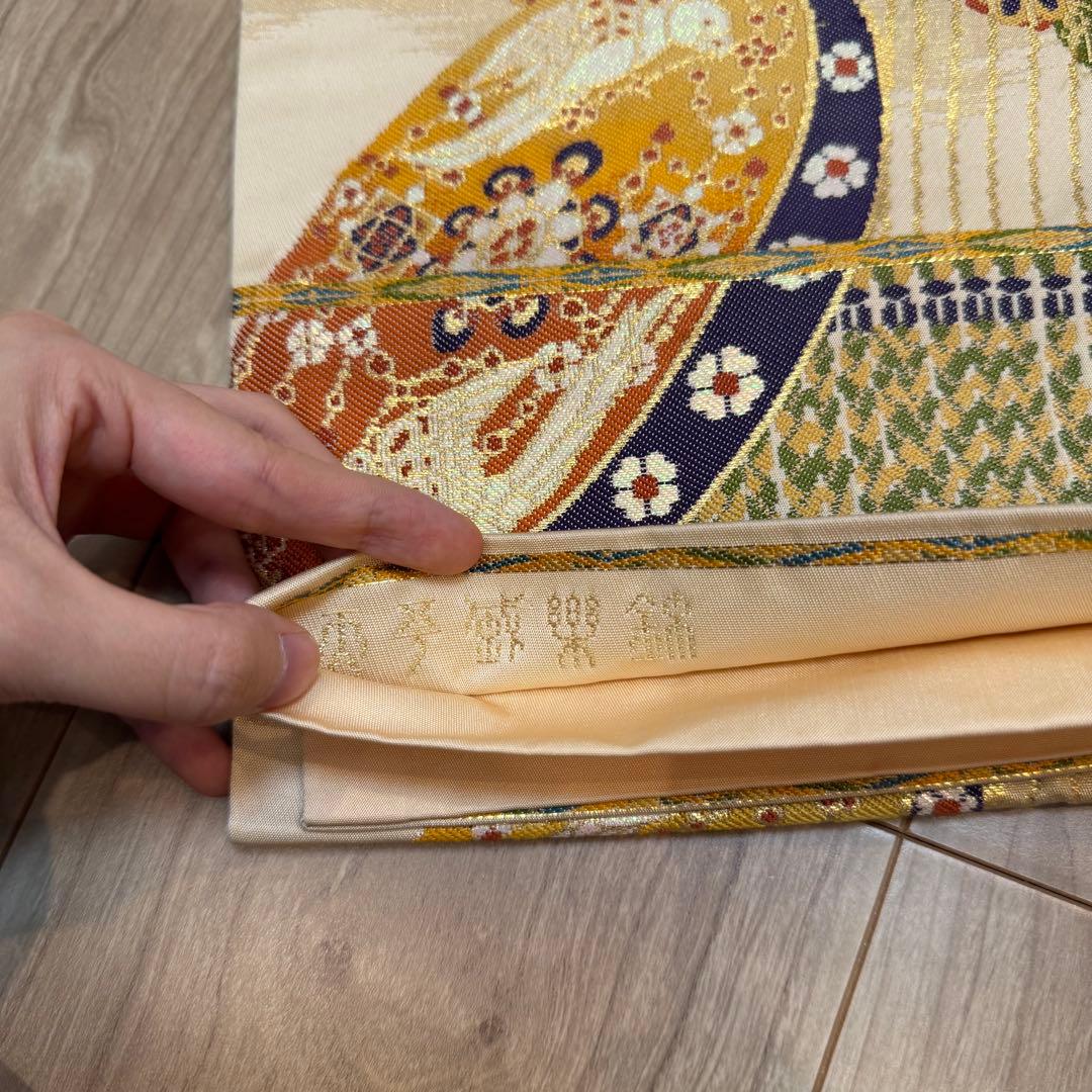 美品　正絹　六通　袋帯　着物　龍村晋　落款 427 橙色　月琴　箜篌　雅楽　金糸