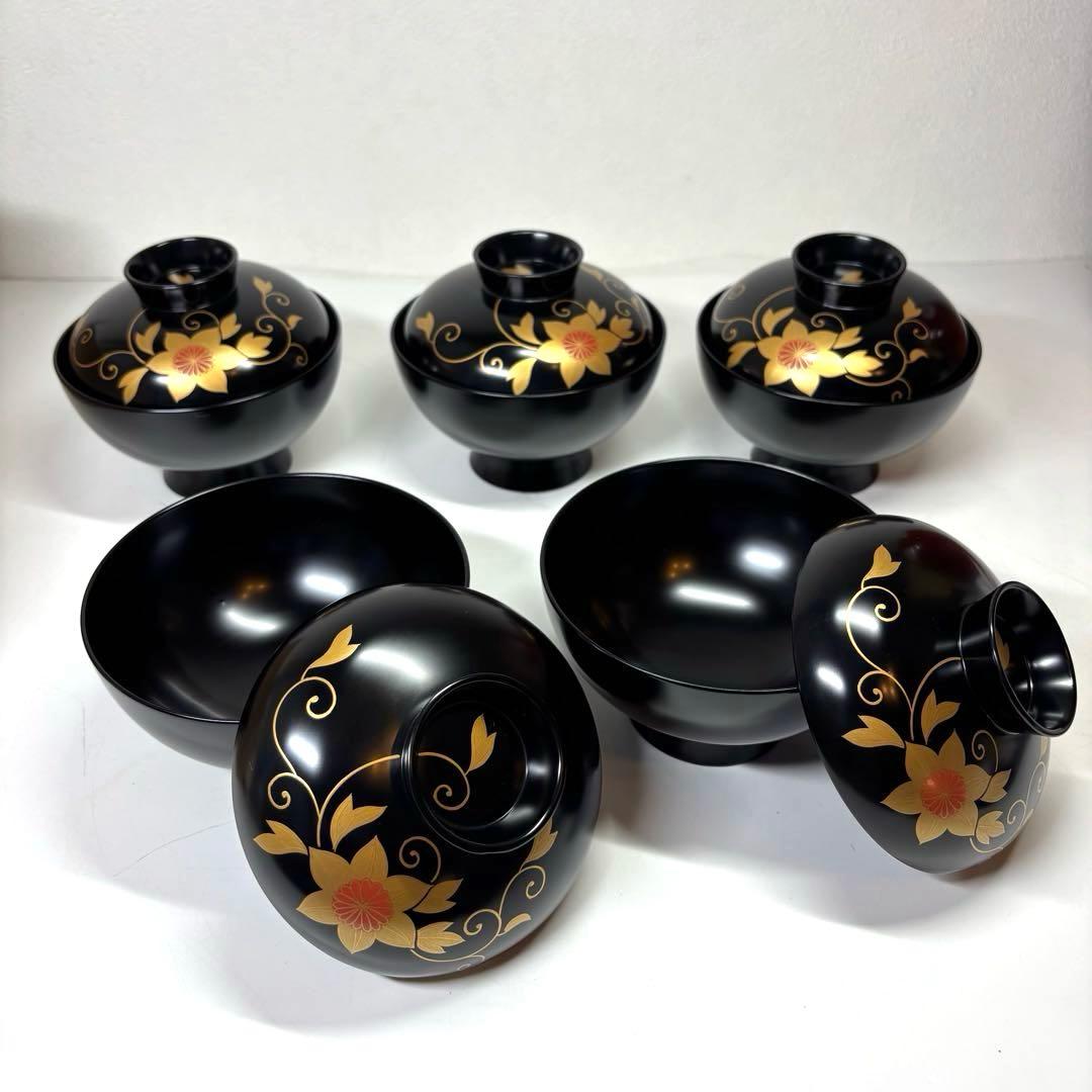 【未使用】　輪島塗　鉄仙蒔絵付 吸物椀五客　木箱付 送料無料