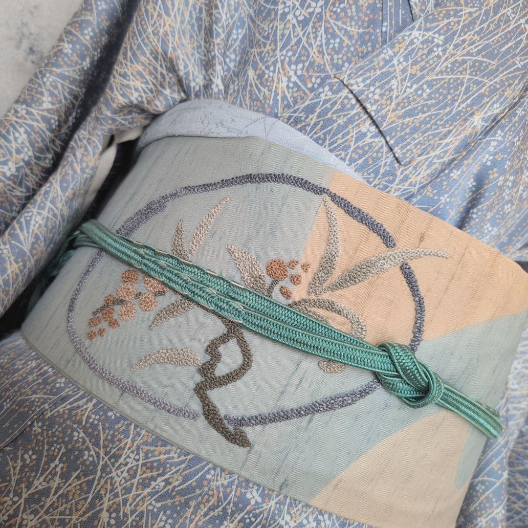 小紋　フルセット　着物　正絹　青紺地　帯ユニーク　色彩　F7