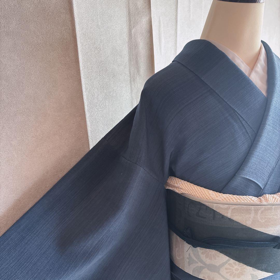 訪問着　フルセット　着物　正絹　紺色　ちりめん　凛やか草花　N3