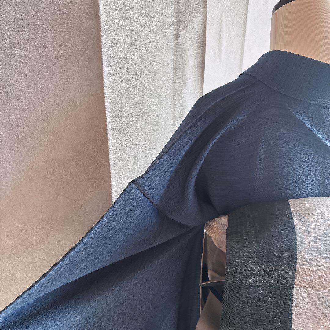 訪問着　フルセット　着物　正絹　紺色　ちりめん　凛やか草花　N3