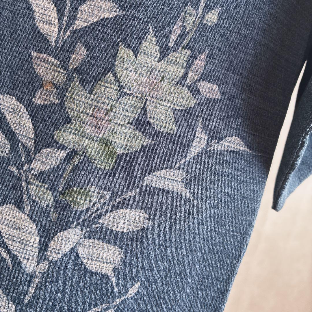 訪問着　フルセット　着物　正絹　紺色　ちりめん　凛やか草花　N3