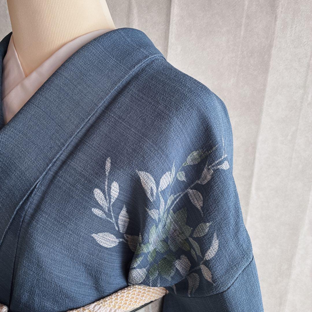 訪問着　フルセット　着物　正絹　紺色　ちりめん　凛やか草花　N3