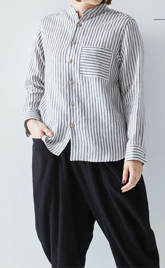 アトリエナルセ atelier naruse トライプリネンバンドカラーシャツ