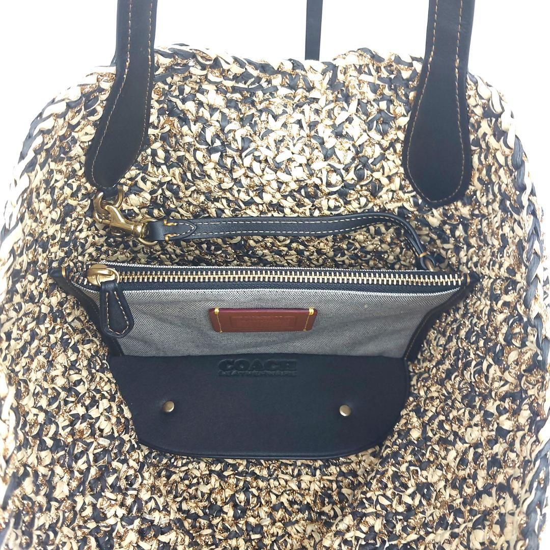 COACH コーチ トートバッグ ストロー かごバッグ スムースレザー ポーチ付