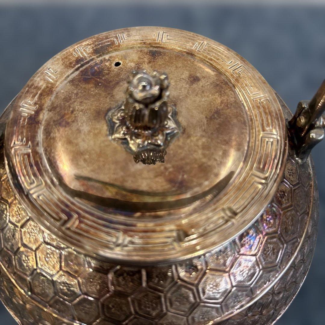 純銀製 金蘭模様彫 蕾摘 湯沸 銀瓶 工芸品 美術品 煎茶道具