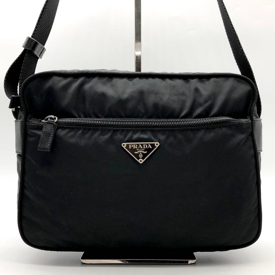 ✨美品✨プラダ ショルダーバッグ 三角ロゴ シルバー金具 ナイロン レザー 黒