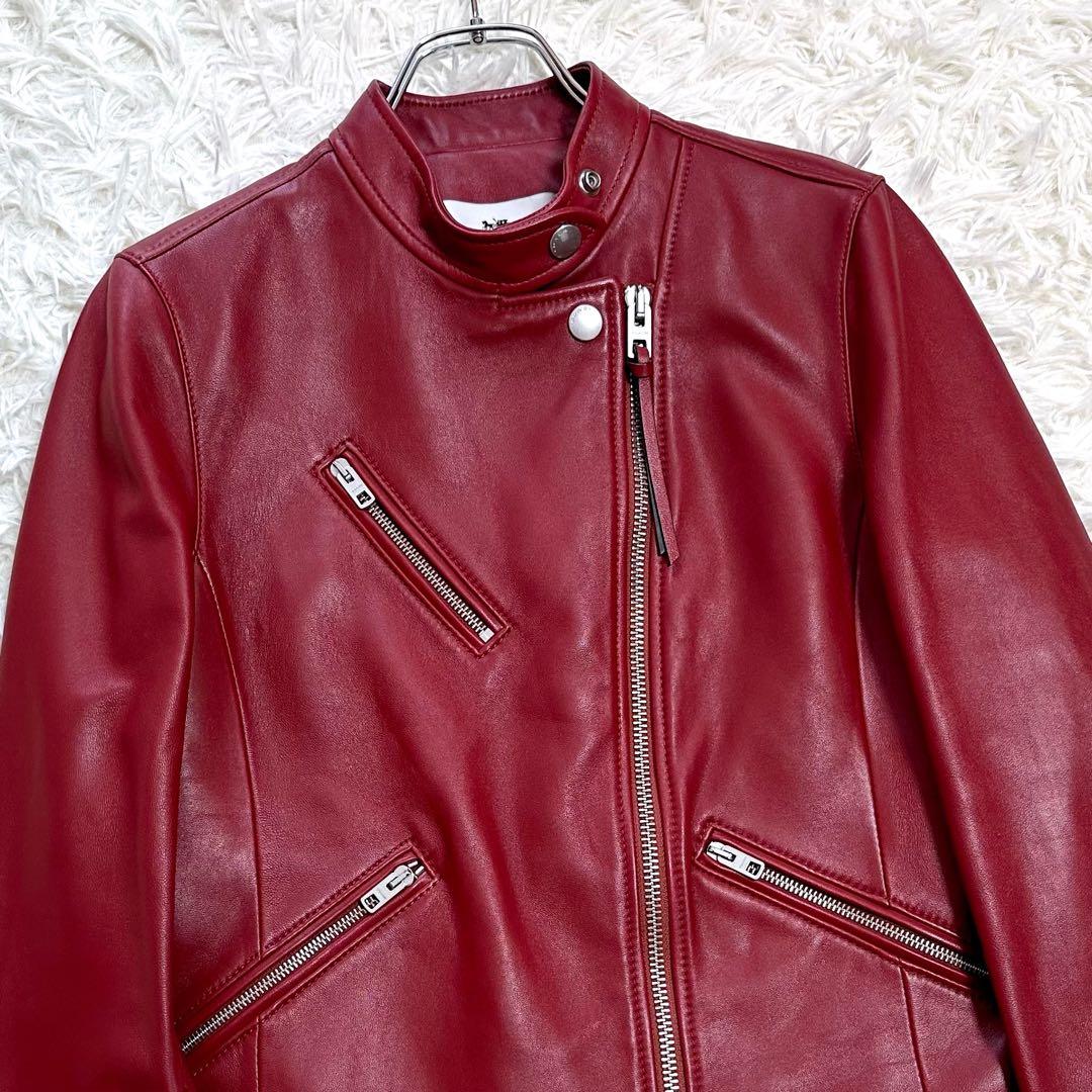 COACH シングルライダース レザージャケット 羊革 ラムレザー レッド系