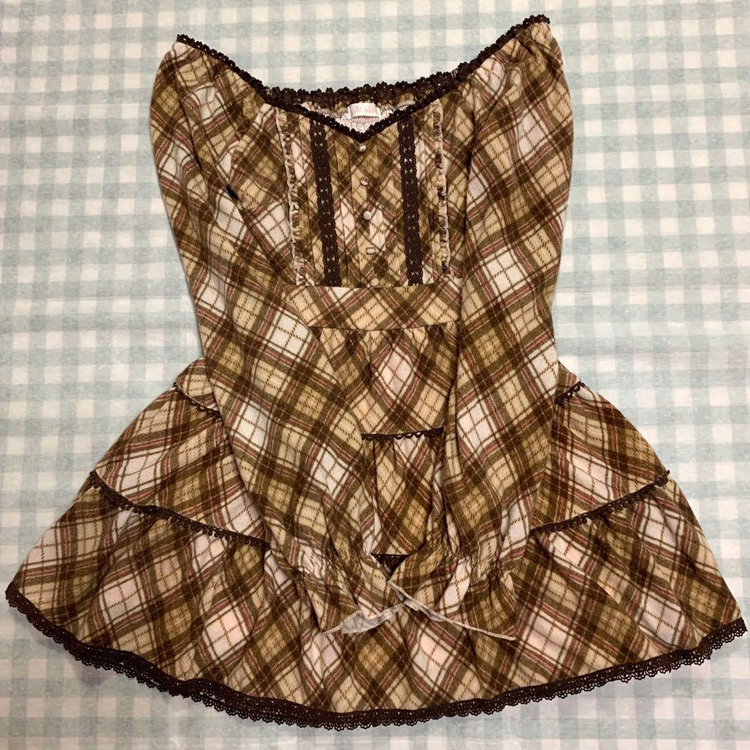 LIZLISA 希少 ブラウン ピンク チェック柄 起毛 フリル ワンピース