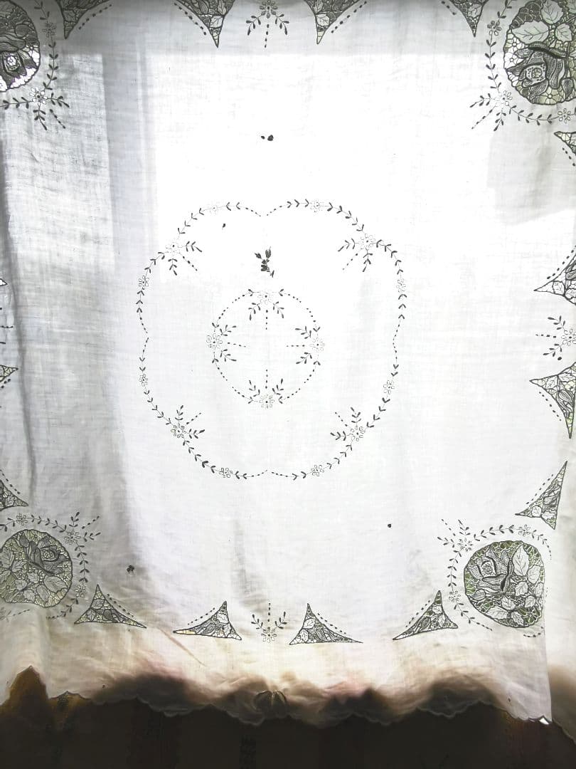 アンティーク カットワーク ニードルポイントローズ 薔薇 花刺繍リネン大判クロス