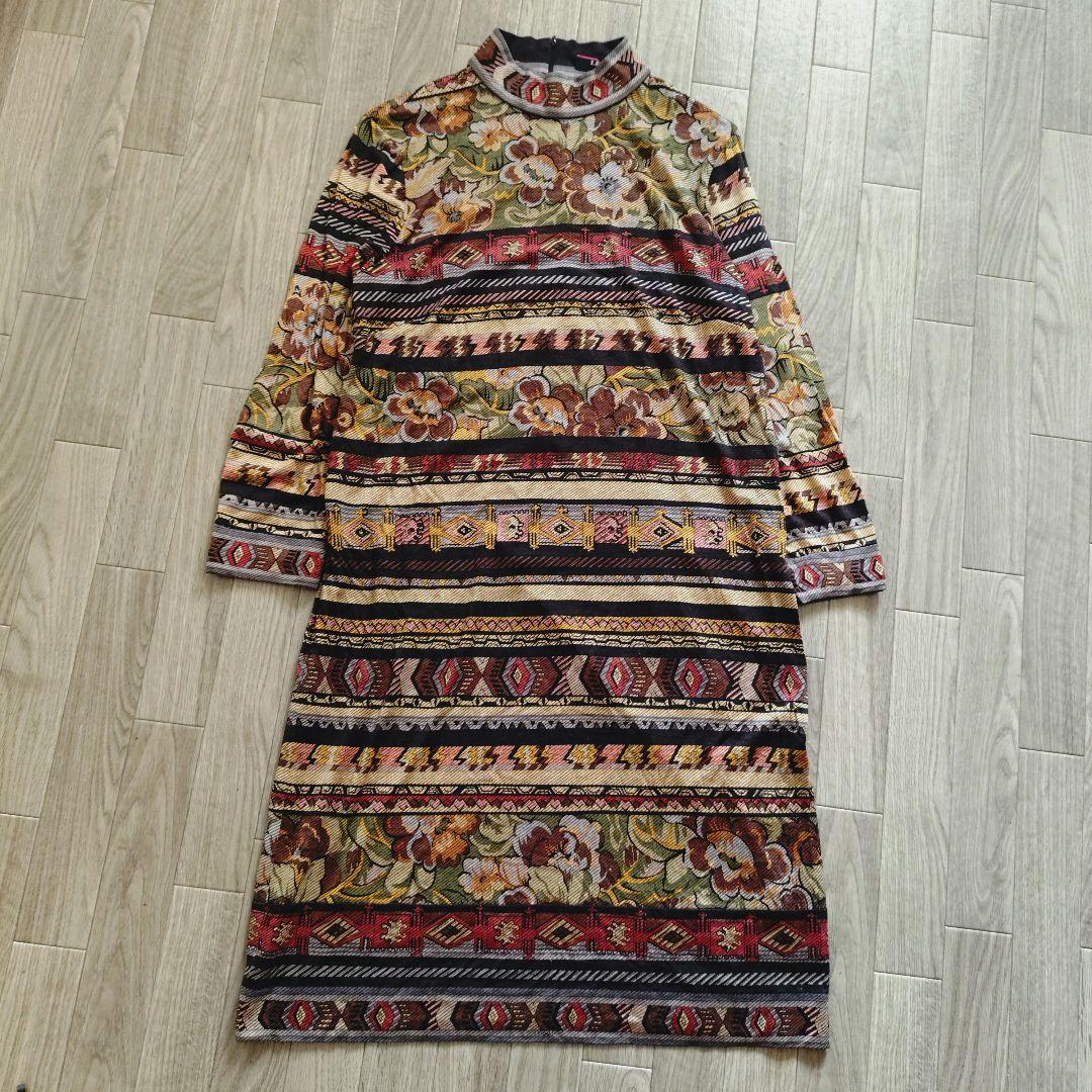 希少 LEONARD モックネック ひざ丈ワンピース ニット 総柄 LL