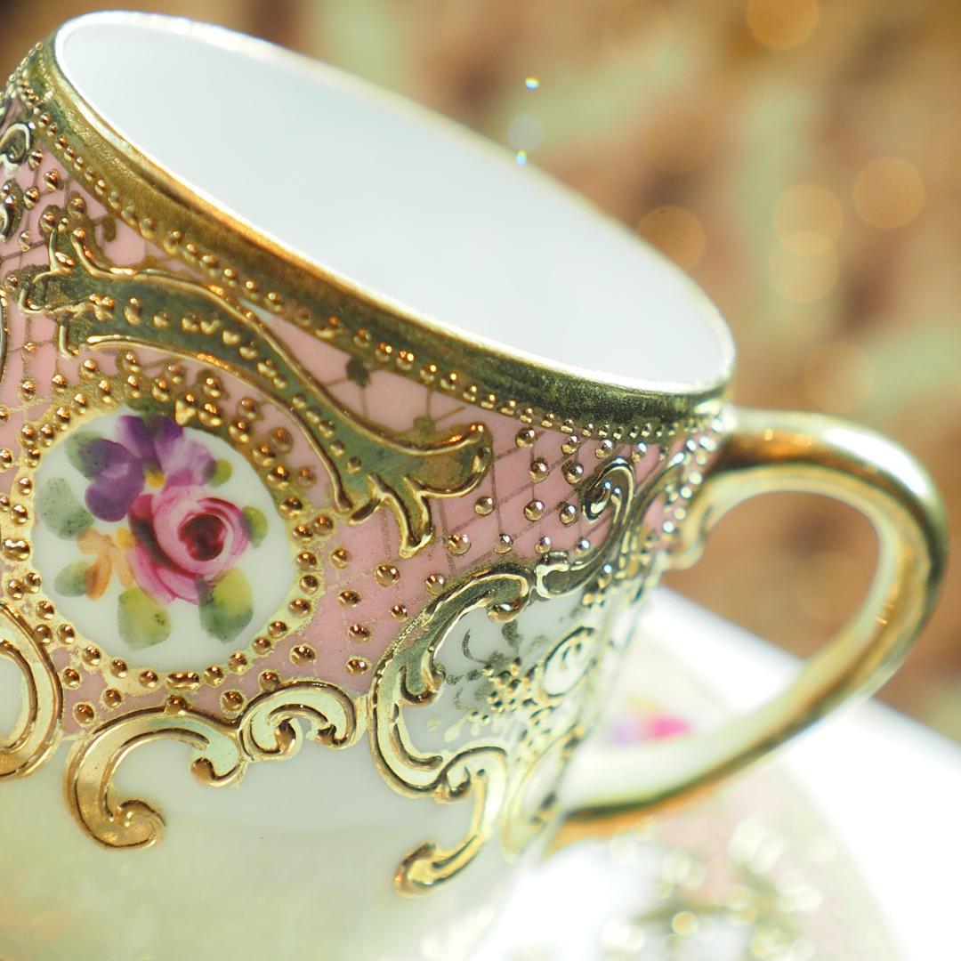 オールドノリタケ 金盛上陽刻桃地薔薇図紋 マルキ印 里帰り チョコレートカップ