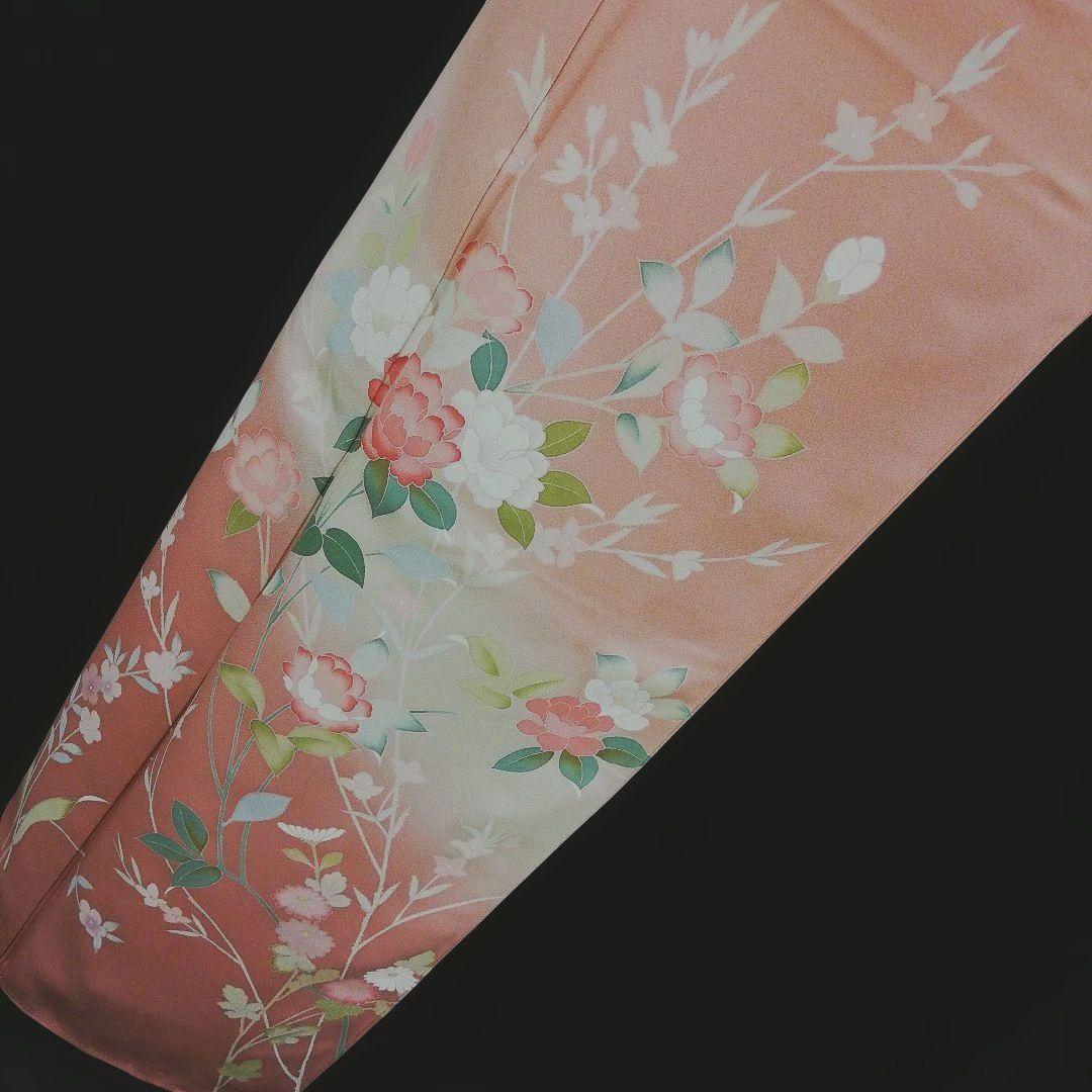 訪問着(袷)　(友禅四季の花紋様　トールサイズ裄69㌢　宍色系　一つ縫い紋)