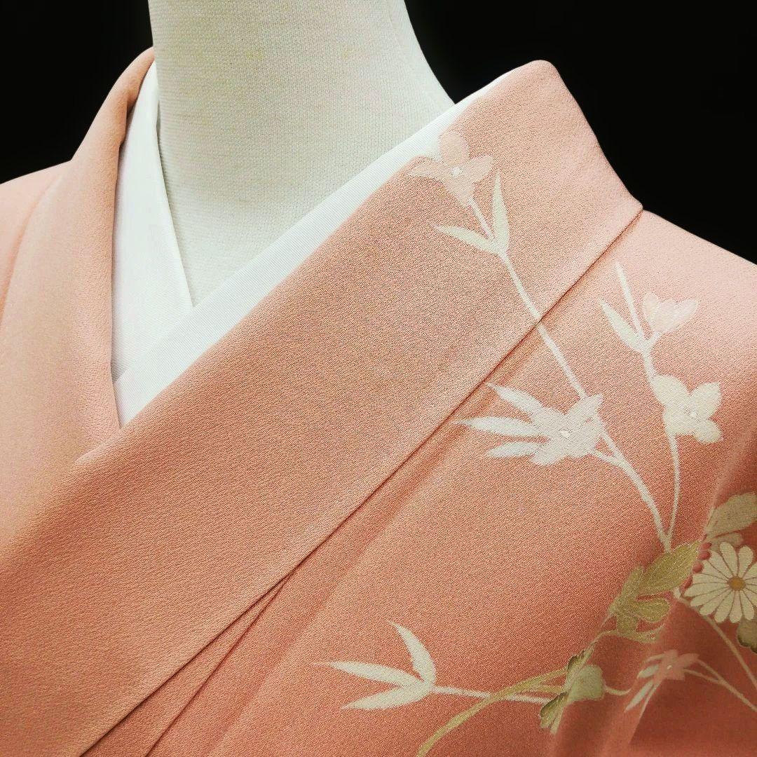訪問着(袷)　(友禅四季の花紋様　トールサイズ裄69㌢　宍色系　一つ縫い紋)