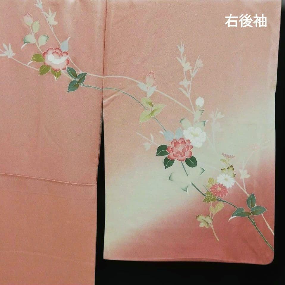 訪問着(袷)　(友禅四季の花紋様　トールサイズ裄69㌢　宍色系　一つ縫い紋)