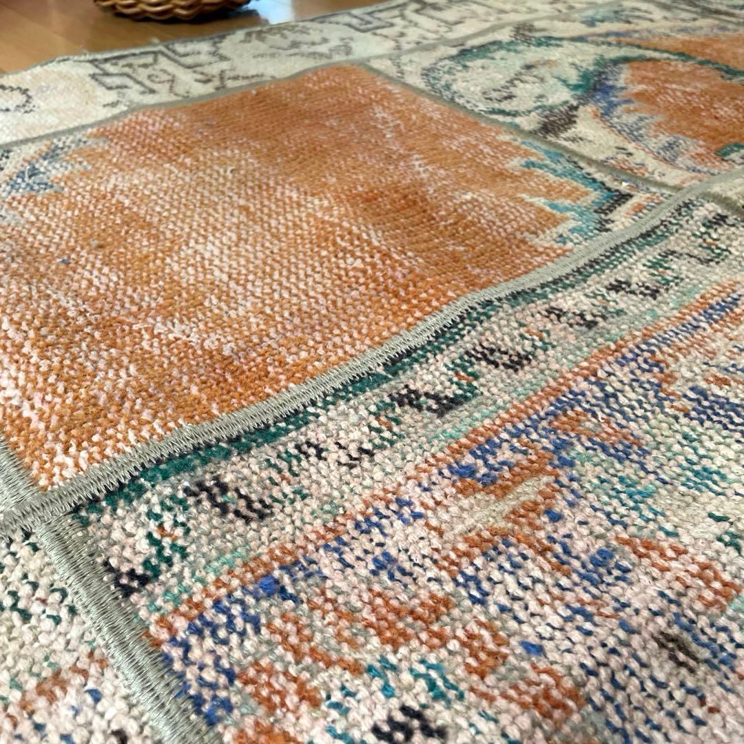 91×191優しいオレンジカラー　パッチワーク　トルコヴィンテージラグ