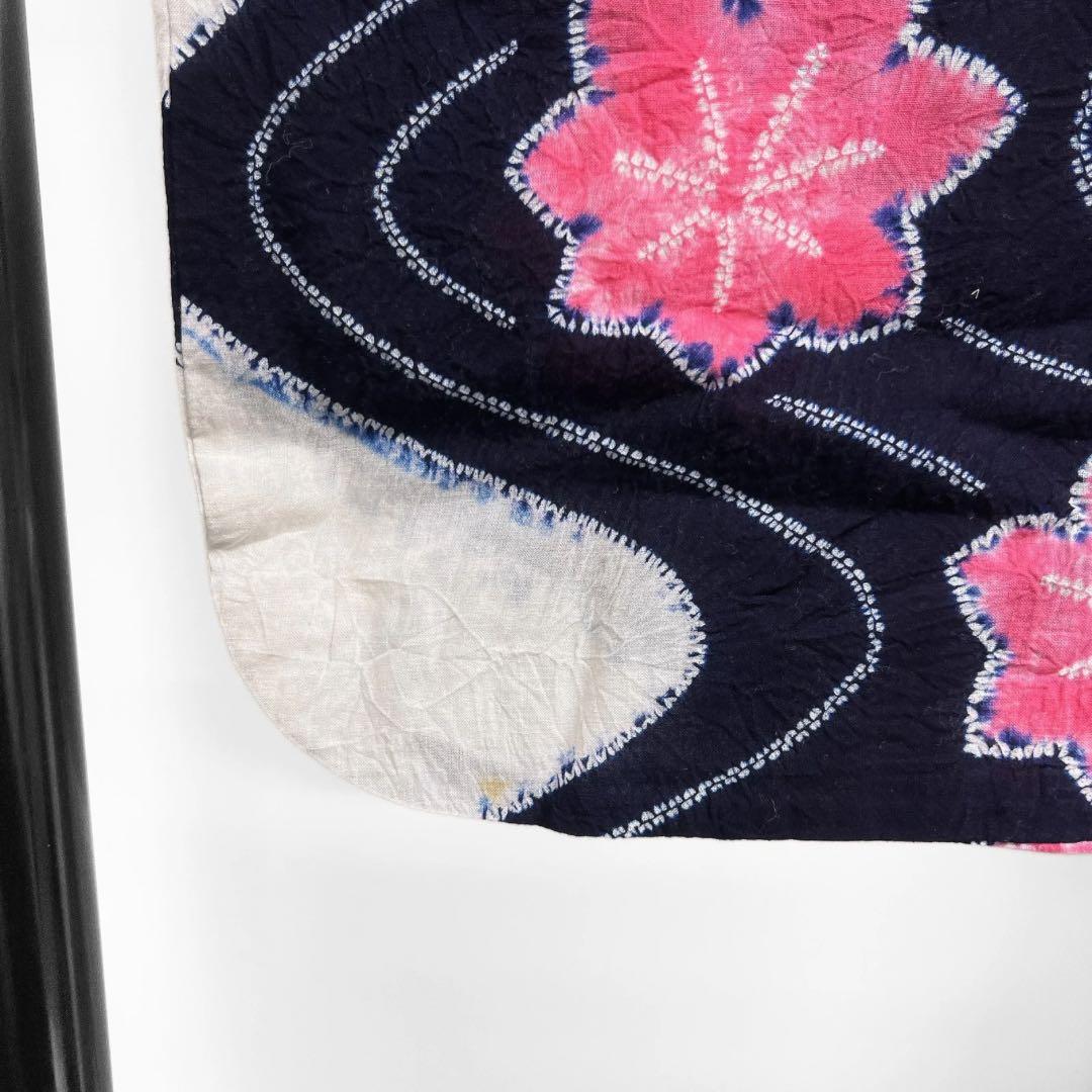 浴衣　有松鳴海絞り　藍染　楓　流水　ネイビー　ピンク　着物　035a d