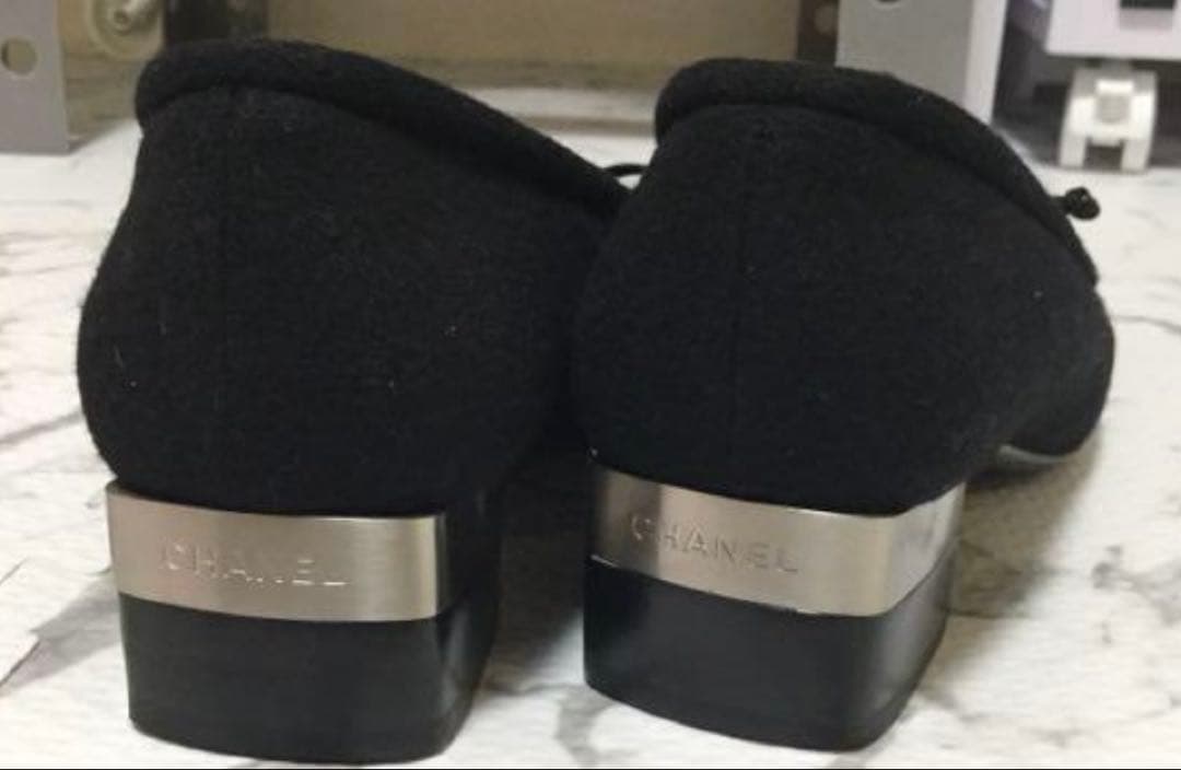 美品　CHANEL 36.5 黒 リボン　パンプス　フラット　ヒールシャネル