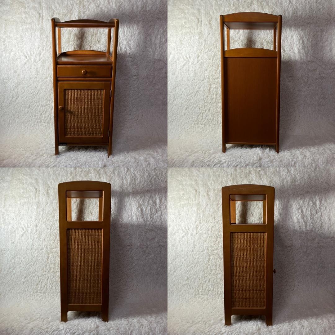 美品 オールドカリモク KARIMOKU 電話台 棚 フリーラック ラタン 籐