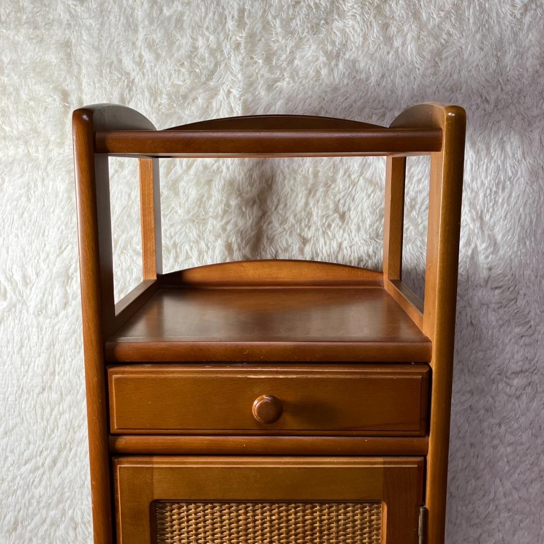 美品 オールドカリモク KARIMOKU 電話台 棚 フリーラック ラタン 籐