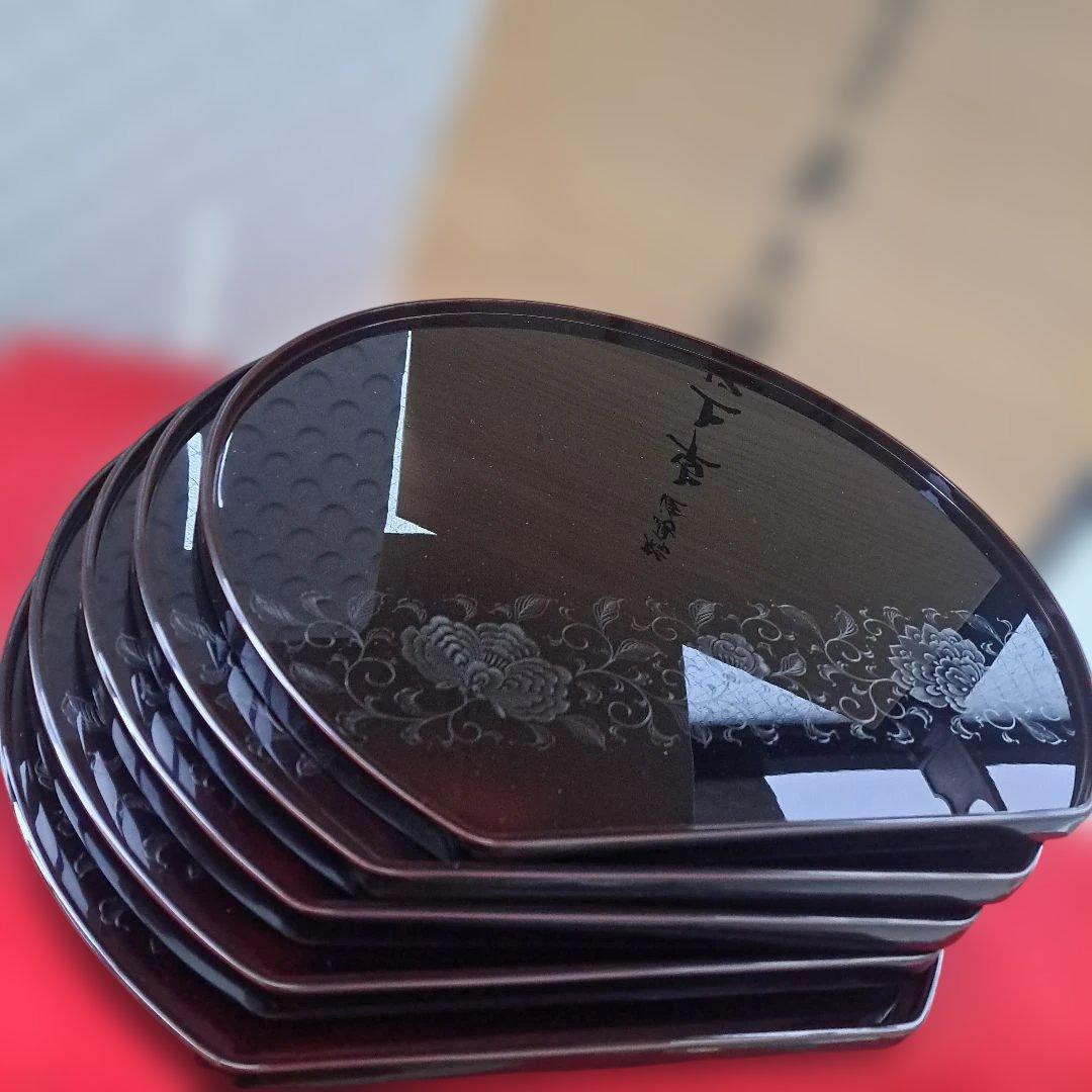 【輪島塗　五島屋謹製　尺2 半月膳×5客】布着本堅地　沈黒　西村国峰作　未使用品
