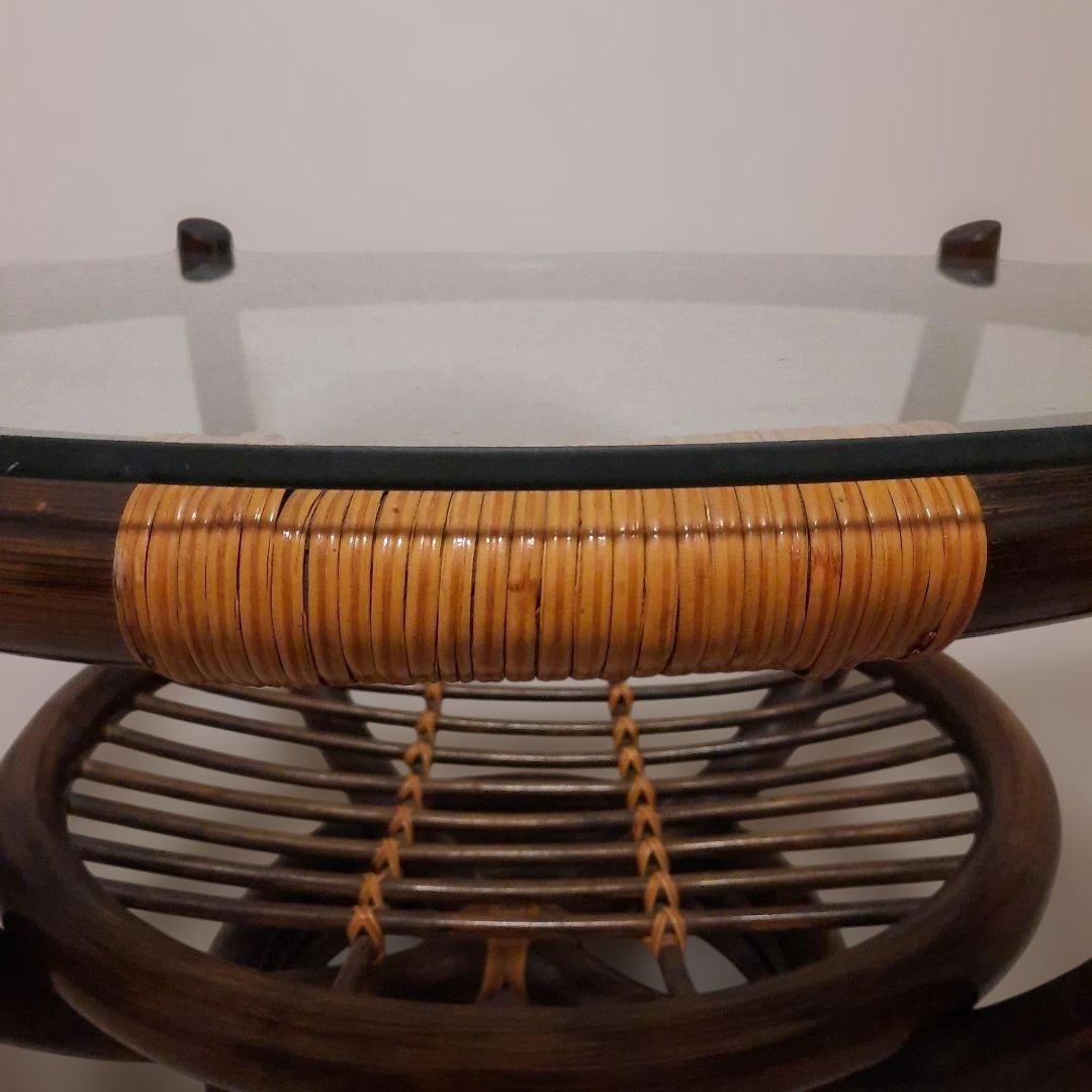 ガラステーブル ラタン 籘 サイドテーブル 円形 ガラス天板