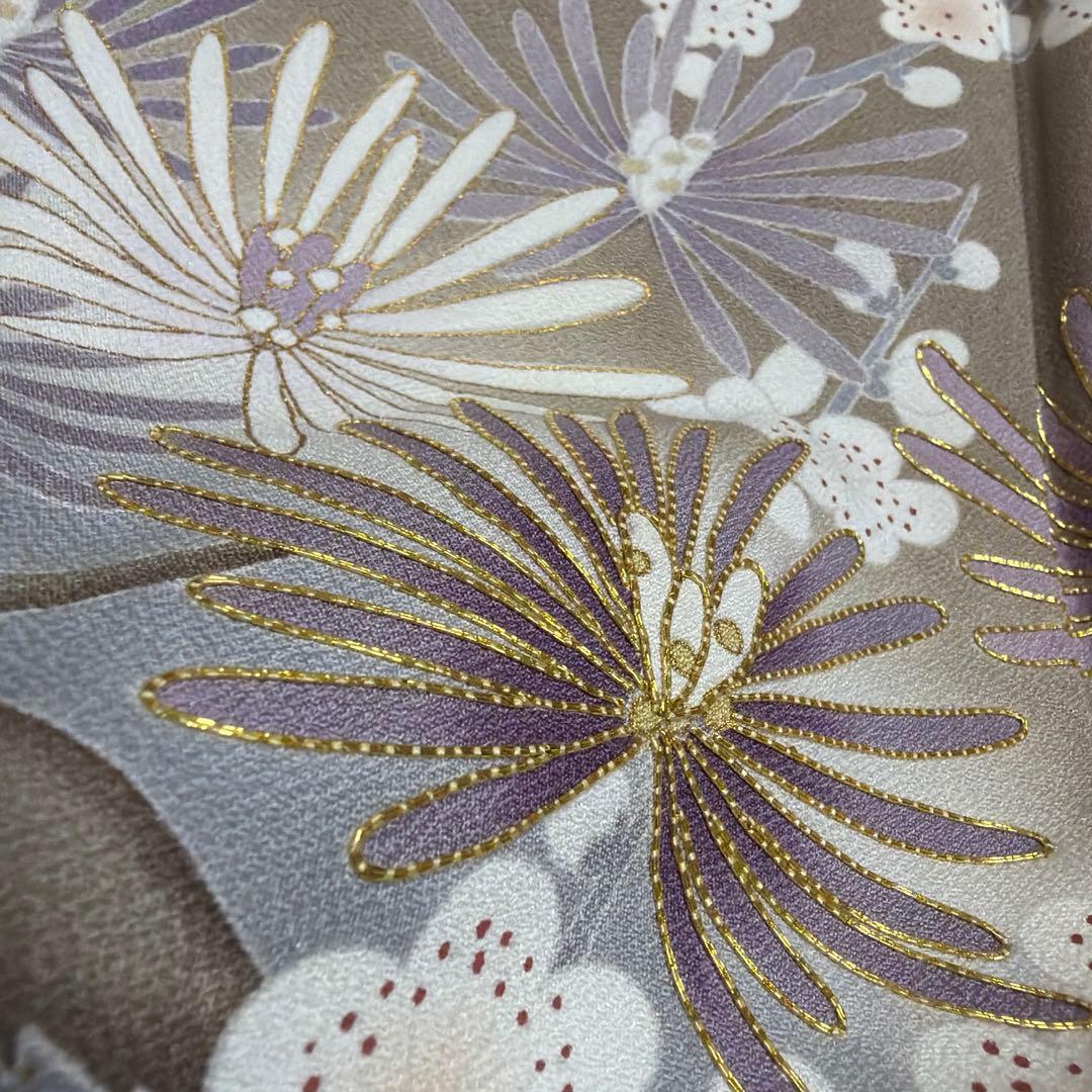 正絹　付け下げ　友禅染《金彩　金駒刺繍　花々》