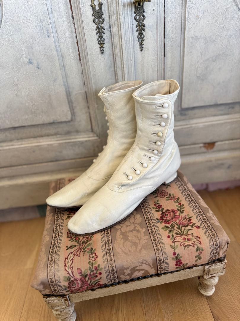 フランスアンティークヴィクトリアンウェディングレザーボタンブーツ白希少